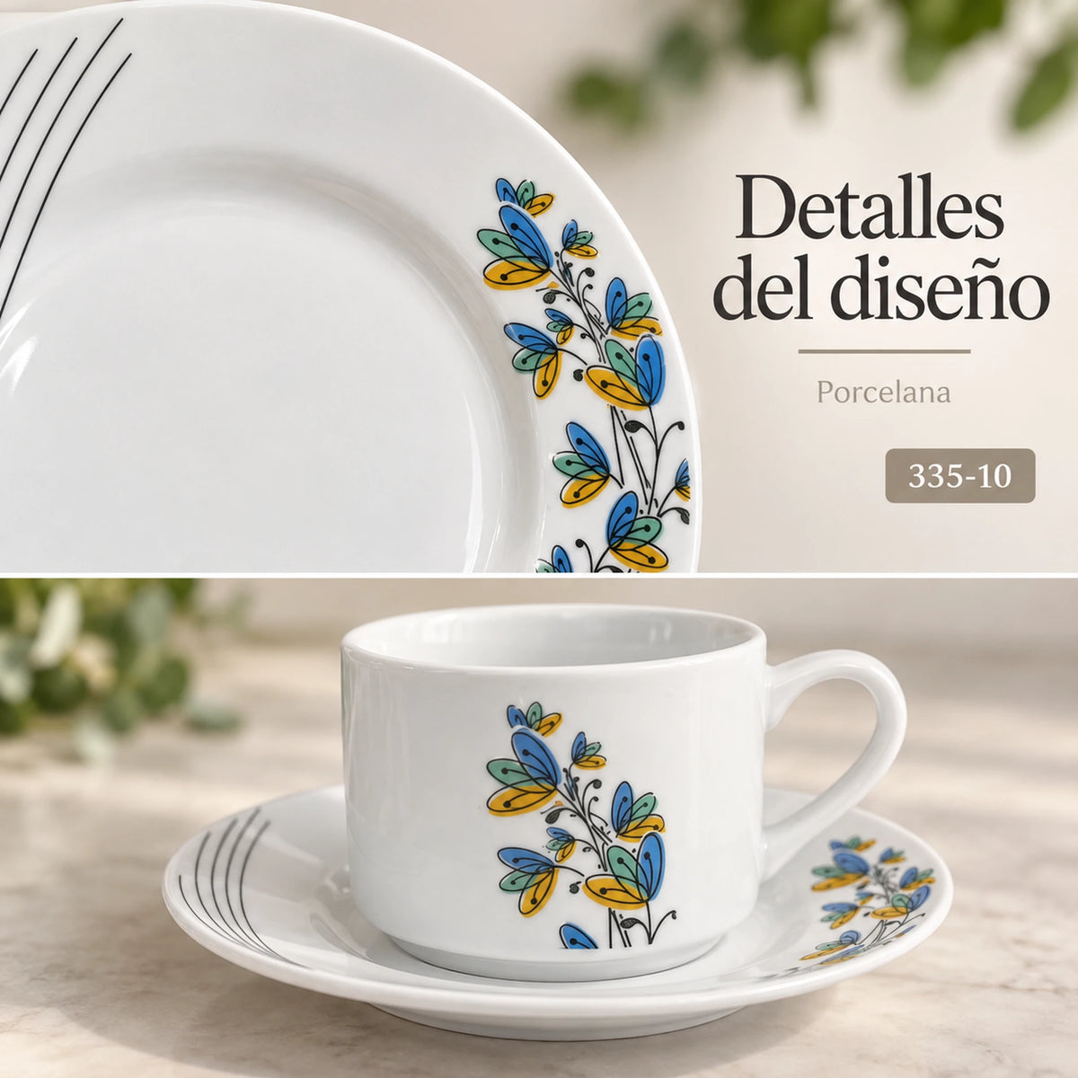 Detalle del diseño Mariposas Aqua de la vajilla de porcelana Lotus