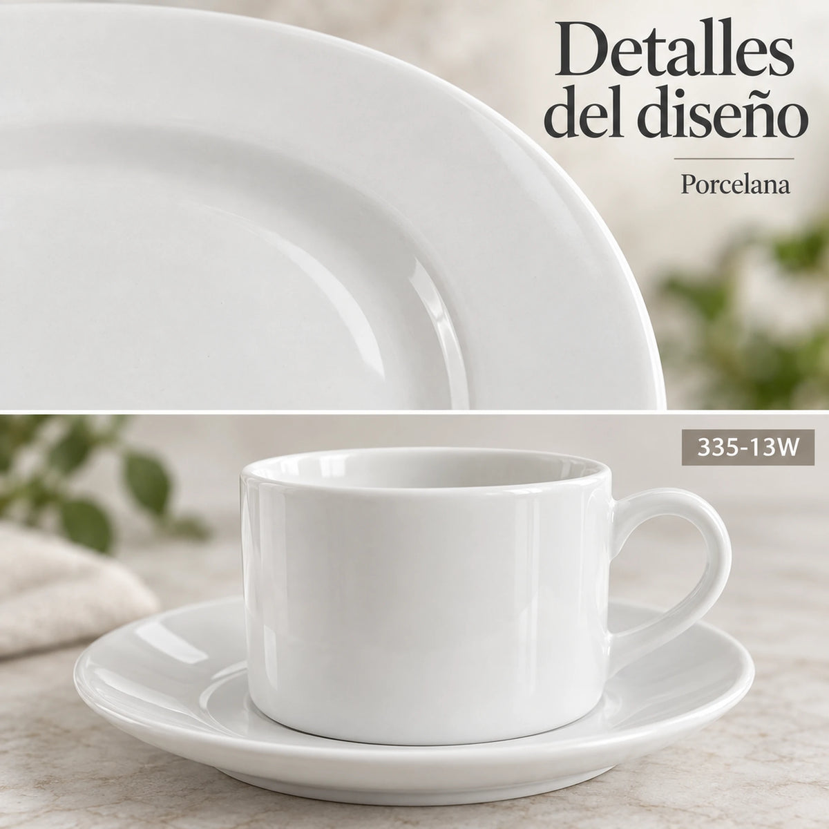 Detalle del diseño Blanco Clásico de la vajilla de porcelana Lotus