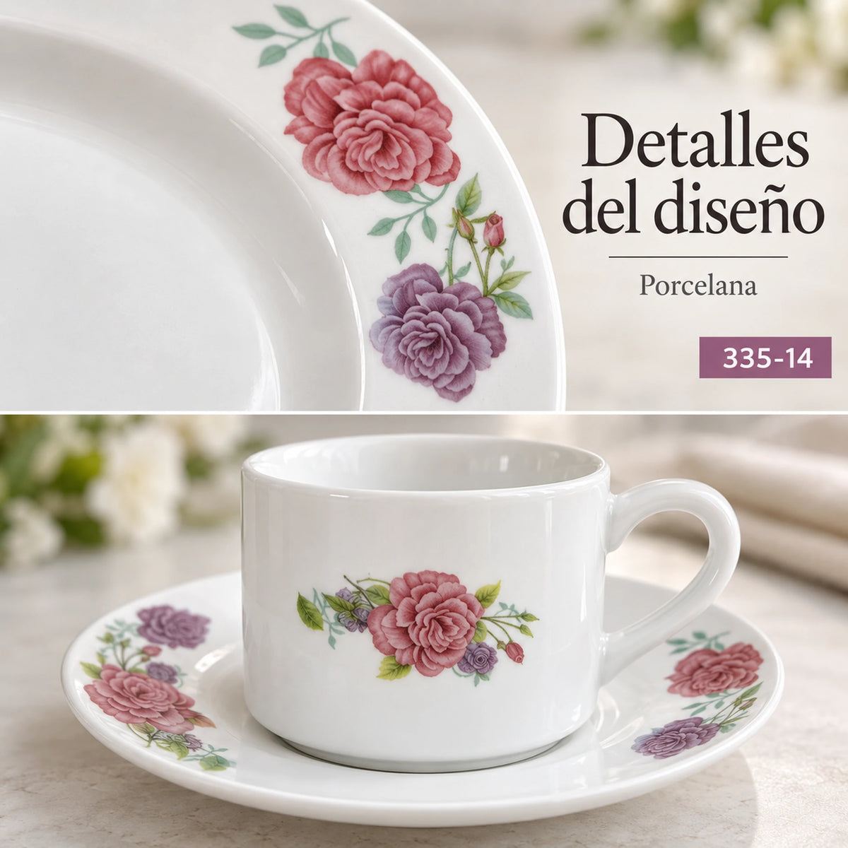 Detalle del diseño Peonías Románticas de la vajilla de porcelana Lotus