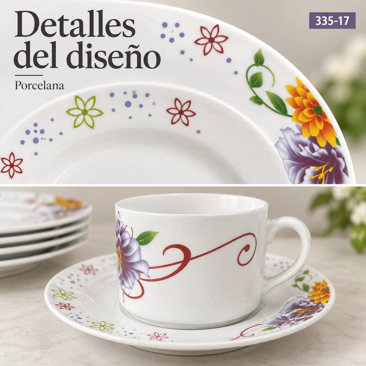 Detalle del diseño Jardín Primavera de la vajilla de porcelana Lotus