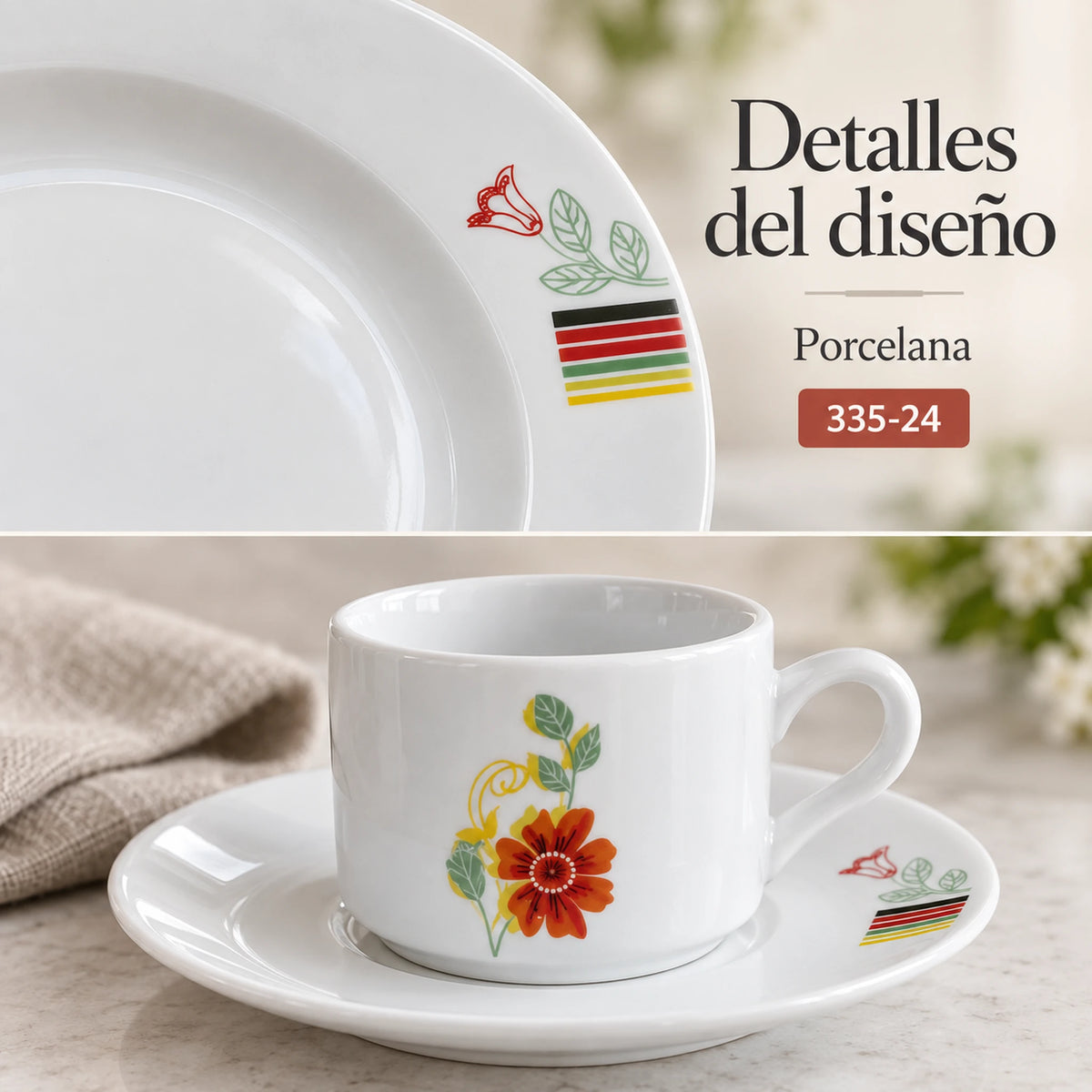 Detalle del diseño Tulipán Lineal de la vajilla de porcelana Lotus