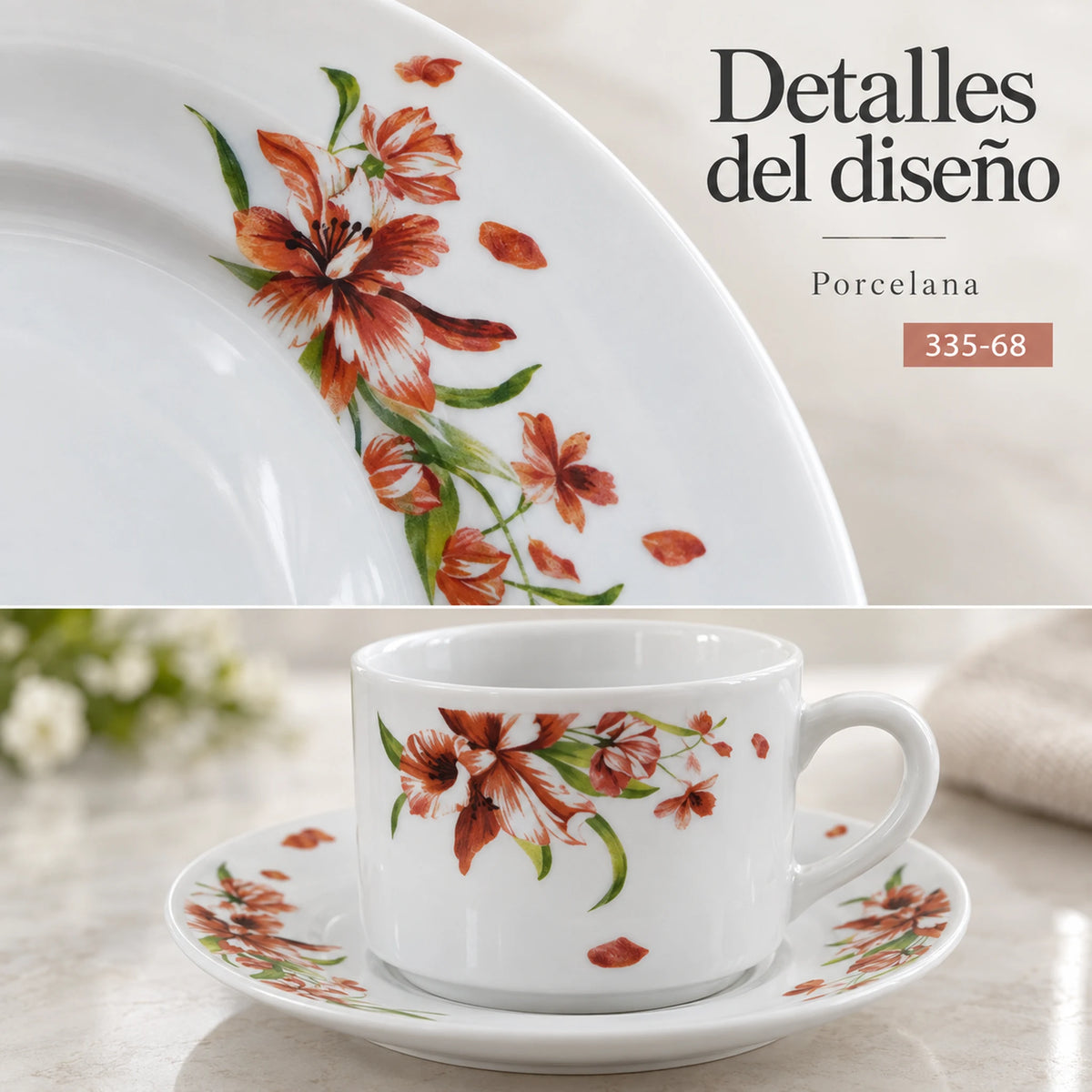 Detalle del diseño Lirio Coral de la vajilla de porcelana Lotus