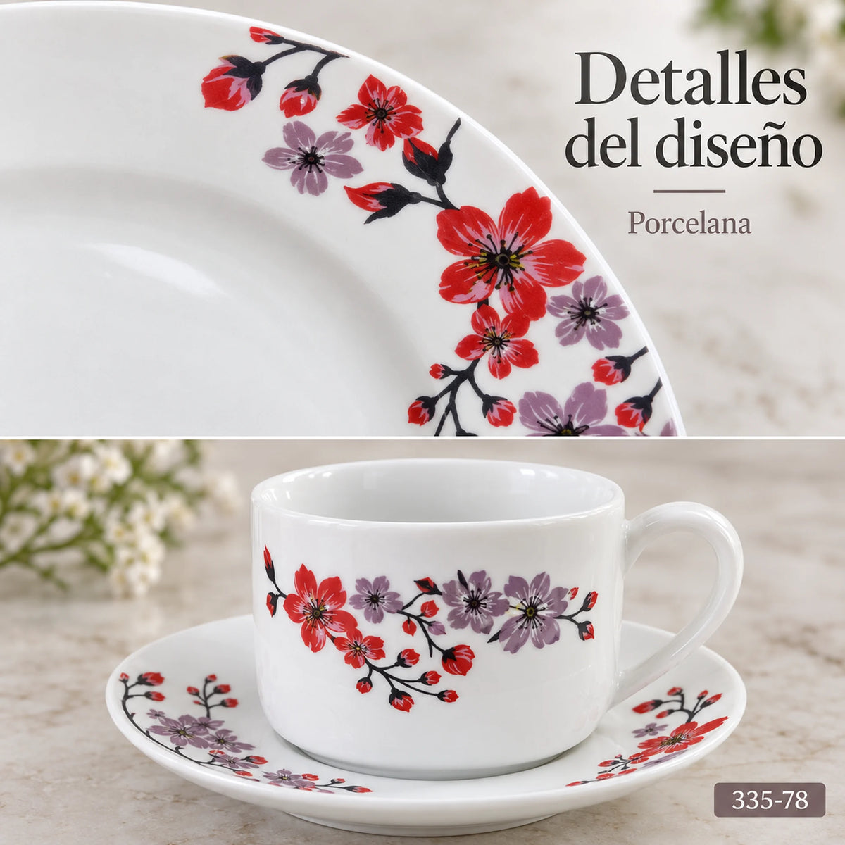 Detalle del diseño Flor de Cerezo de la vajilla de porcelana Lotus
