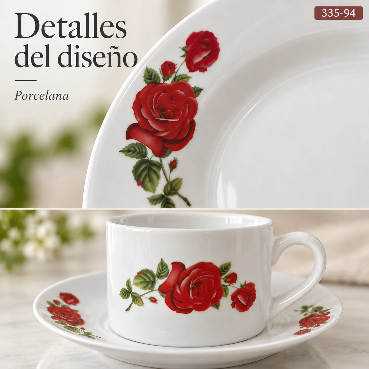 Detalle del diseño Rosa Imperial de la vajilla de porcelana Lotus