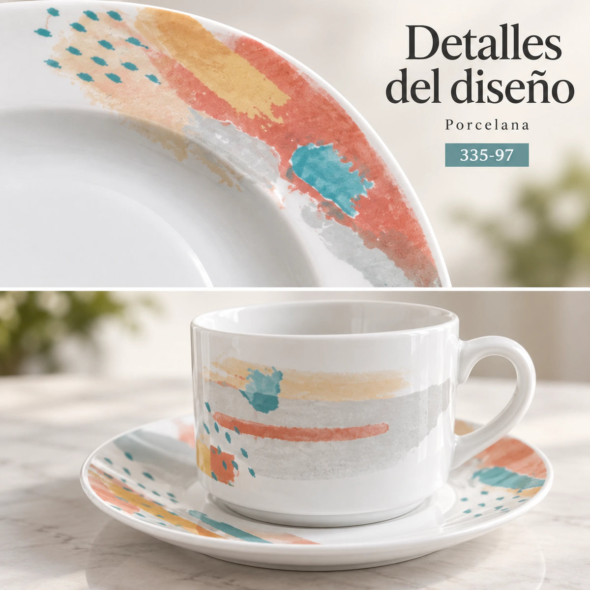 Detalle del diseño Acuarela Coral de la vajilla de porcelana Lotus
