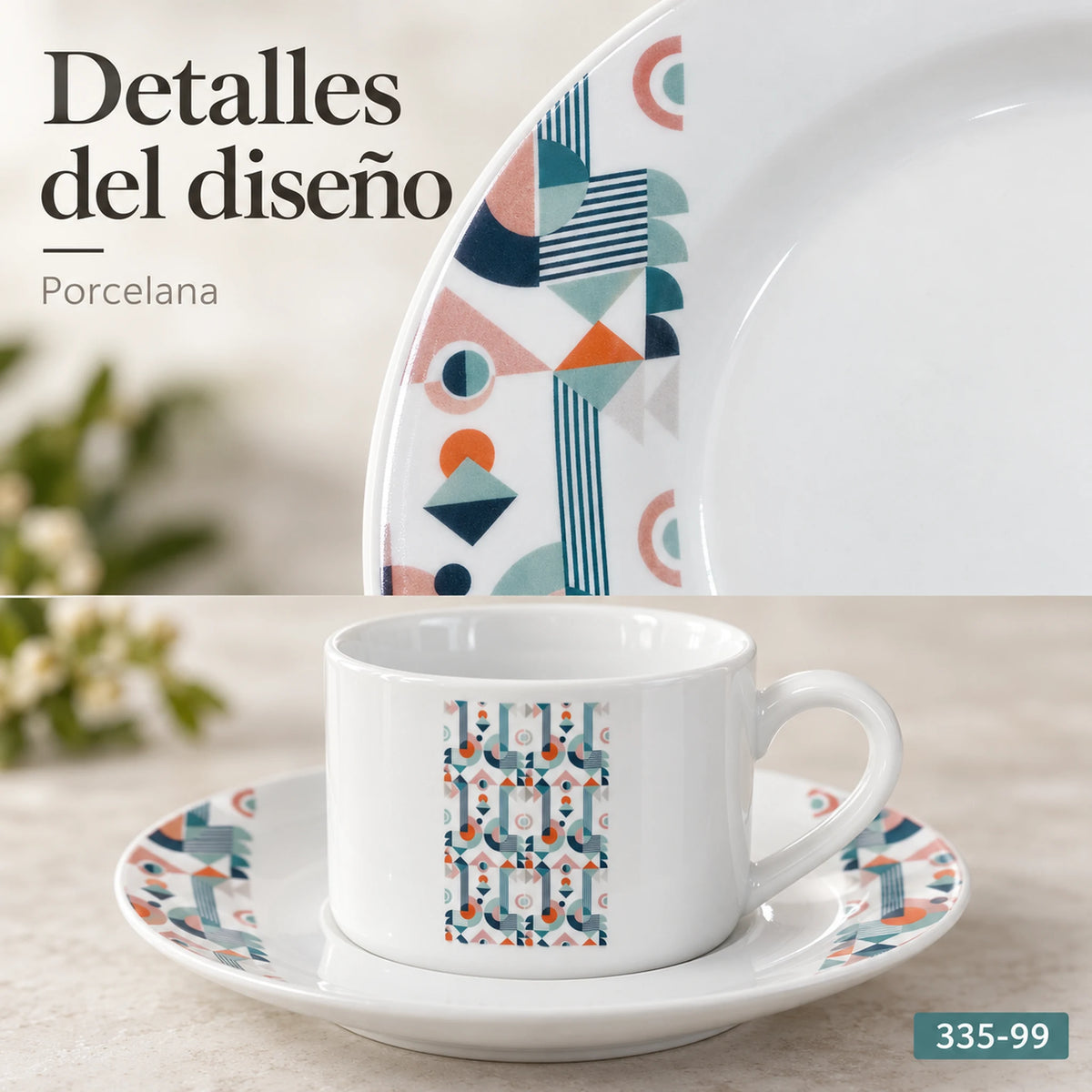 Detalle del diseño Mosaico Nórdico de la vajilla de porcelana Lotus