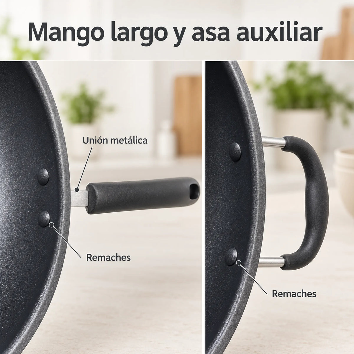 Mango largo y asa auxiliar remachados del wok Alsasa