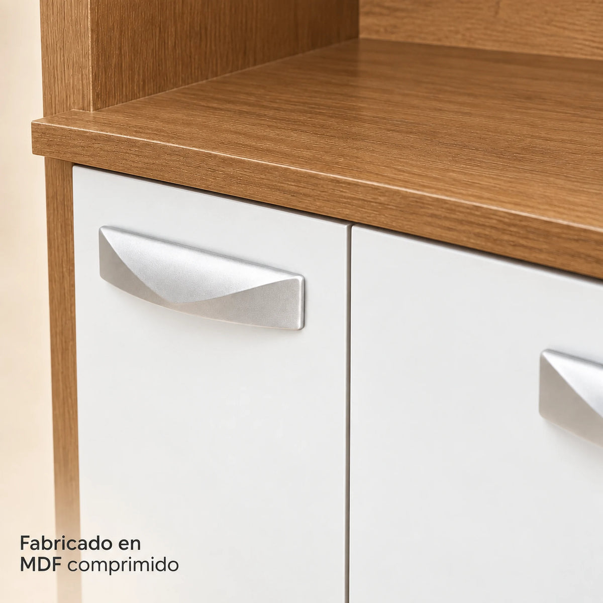 Alacena de cocina 7 puertas y 1 gaveta color Blanco/Roble Miel – detalle del acabado en MDF comprimido