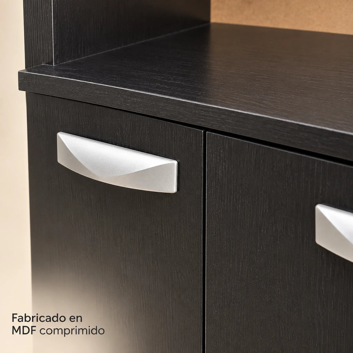 Alacena de cocina 7 puertas y 1 gaveta color Negro/Wengué – detalle del acabado en MDF comprimido