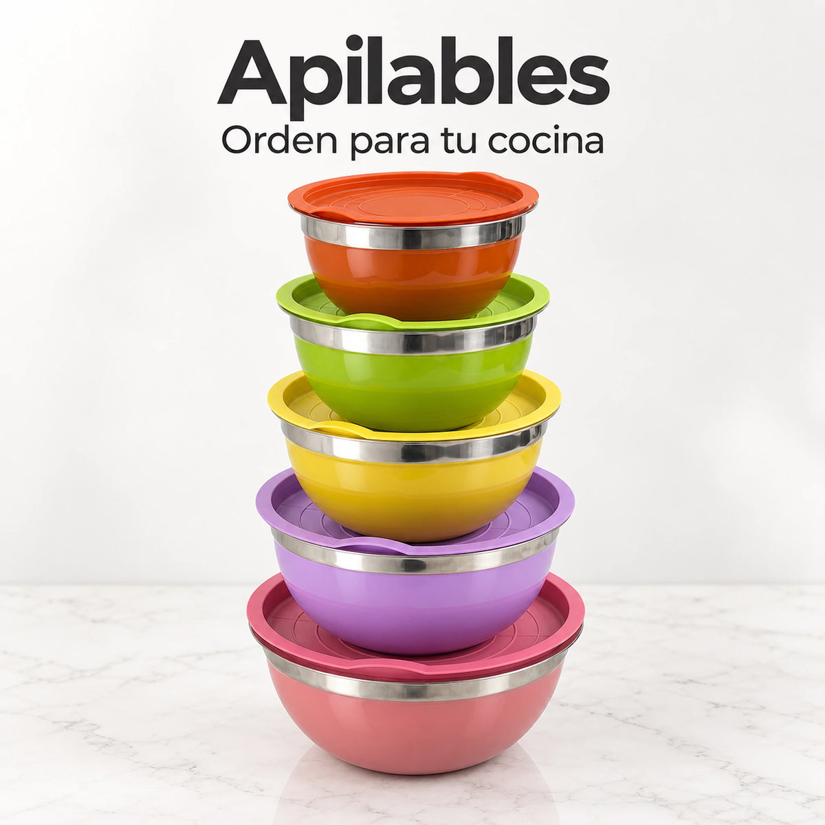 Bowls Lotus apilados uno dentro de otro para ahorrar espacio en la cocina