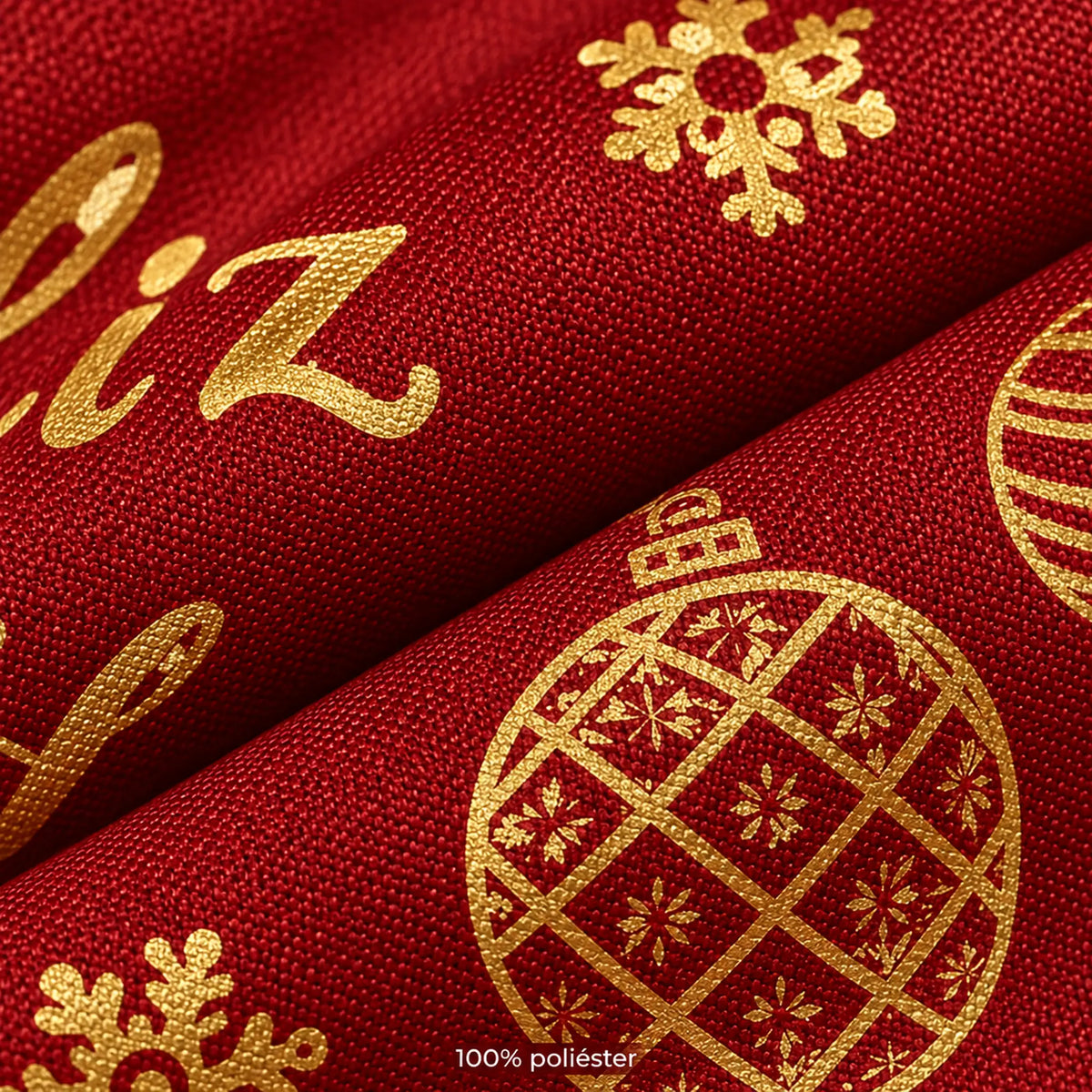 Cortina navideña Pasión Guajira Elfo roja con letras Feliz Navidad doradas – textura de la tela de poliéster