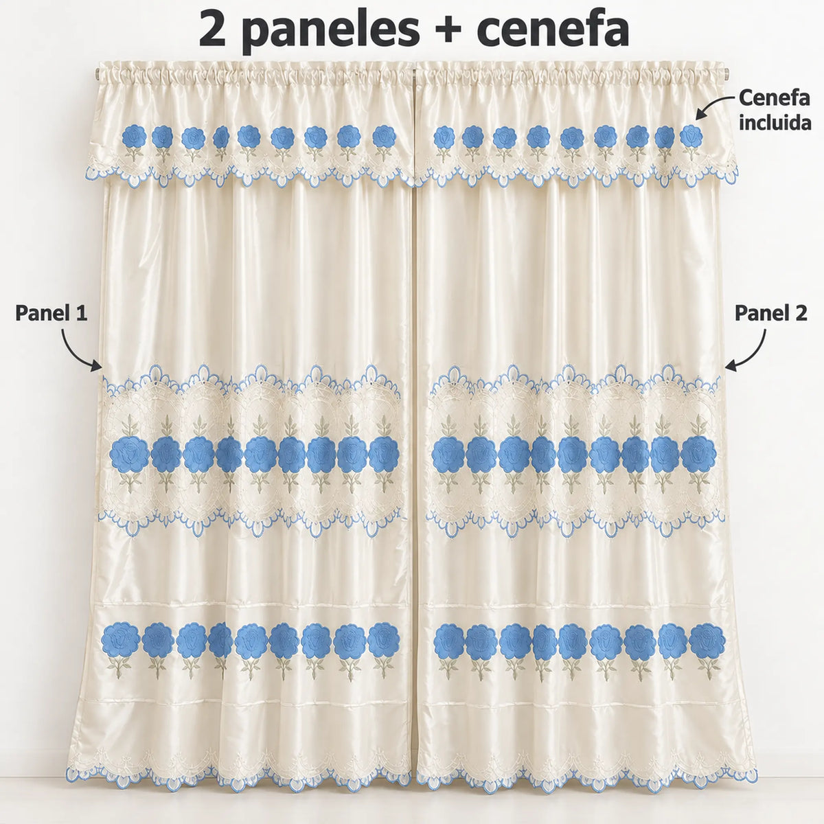 Par de cortinas bordadas satinadas con cenefa, fondo cream con bordado azul cielo – piezas incluidas: 2 paneles y cenefa