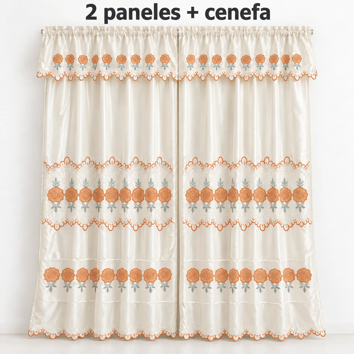 Par de cortinas bordadas satinadas con cenefa, fondo cream con bordado naranja coral – piezas incluidas: 2 paneles y cenefa