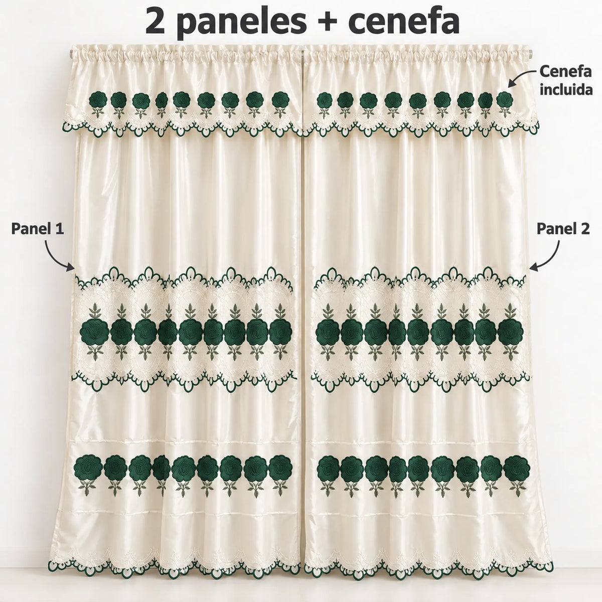 Par de cortinas bordadas satinadas con cenefa, fondo cream con bordado verde esmeralda – piezas incluidas: 2 paneles y cenefa