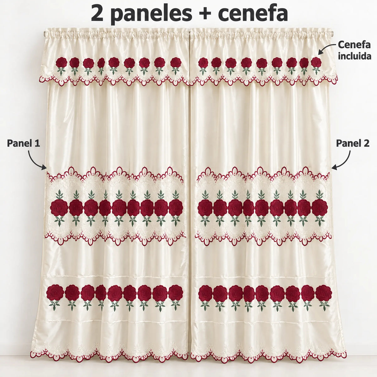 Par de cortinas bordadas satinadas con cenefa, fondo cream con bordado rojo vino – piezas incluidas: 2 paneles y cenefa