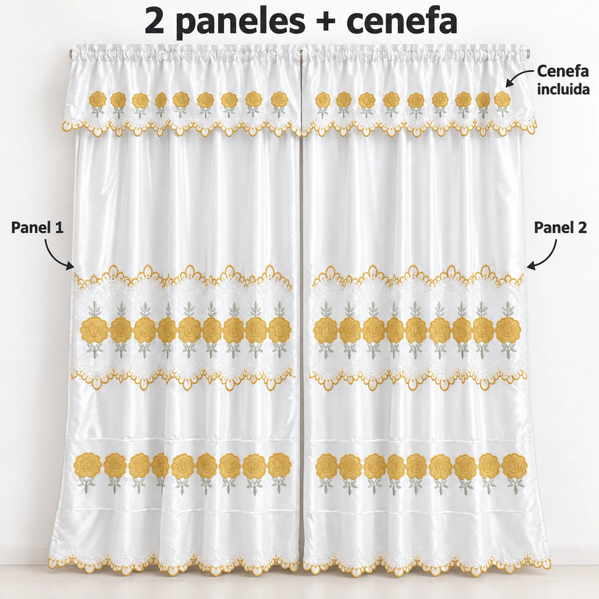 Par de cortinas blancas bordadas satinadas con cenefa, bordado dorado – piezas incluidas: 2 paneles y cenefa