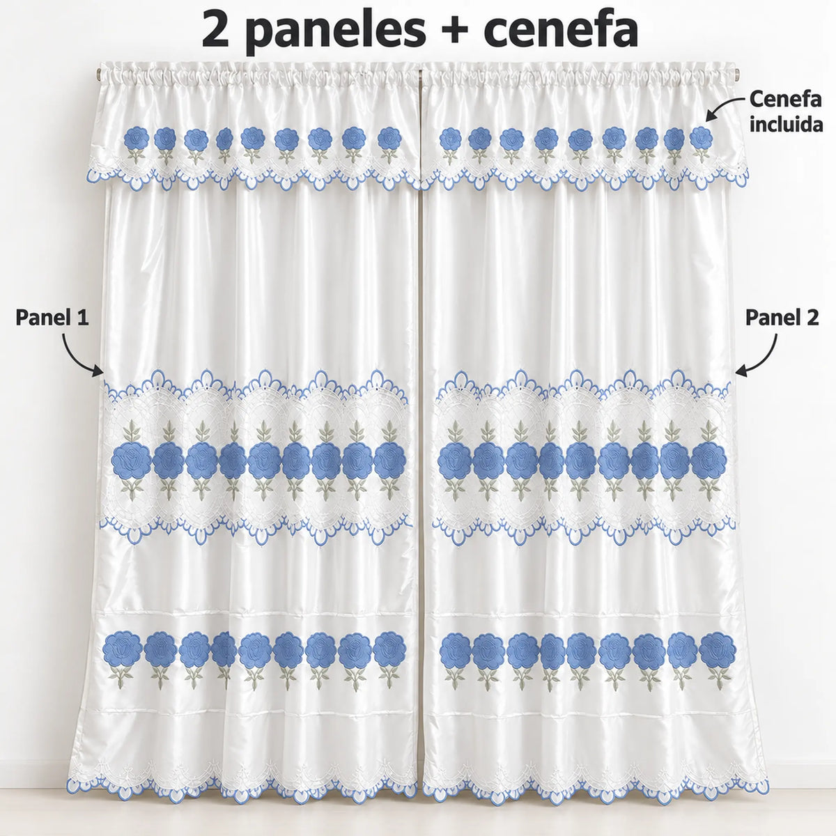 Par de cortinas blancas bordadas satinadas con cenefa, bordado azul cielo – piezas incluidas: 2 paneles y cenefa