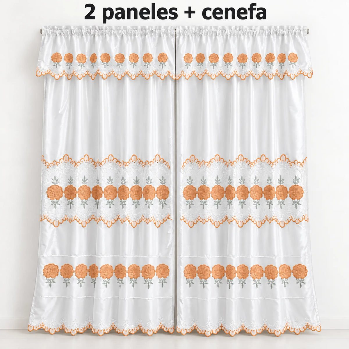Par de cortinas blancas bordadas satinadas con cenefa, bordado naranja coral – piezas incluidas: 2 paneles y cenefa