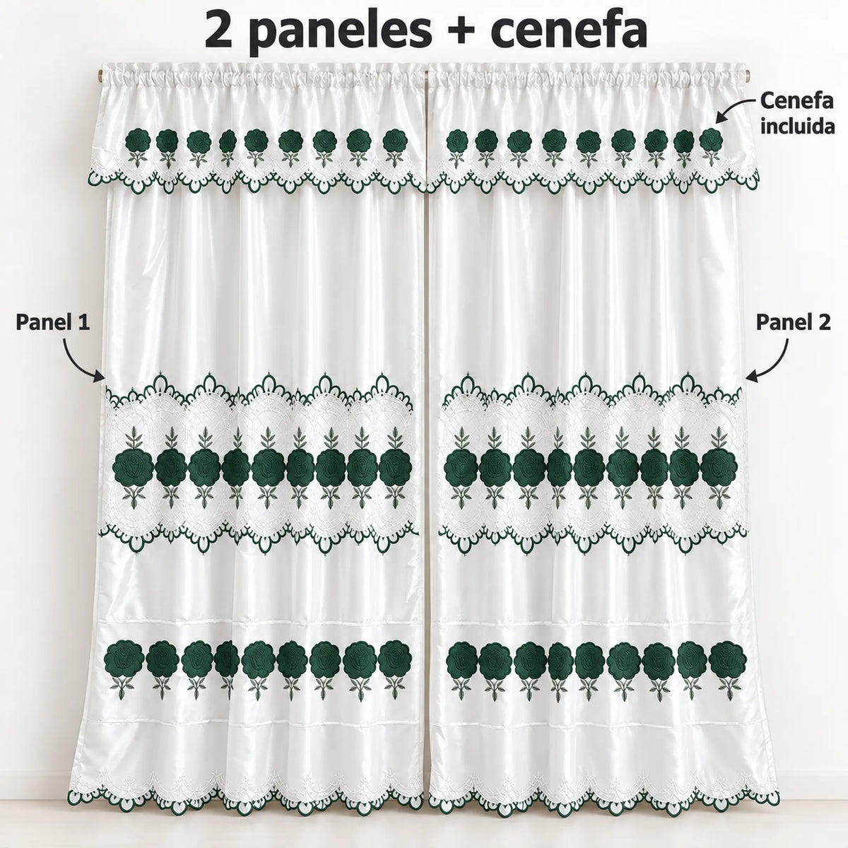 Par de cortinas blancas bordadas satinadas con cenefa, bordado verde esmeralda – piezas incluidas: 2 paneles y cenefa