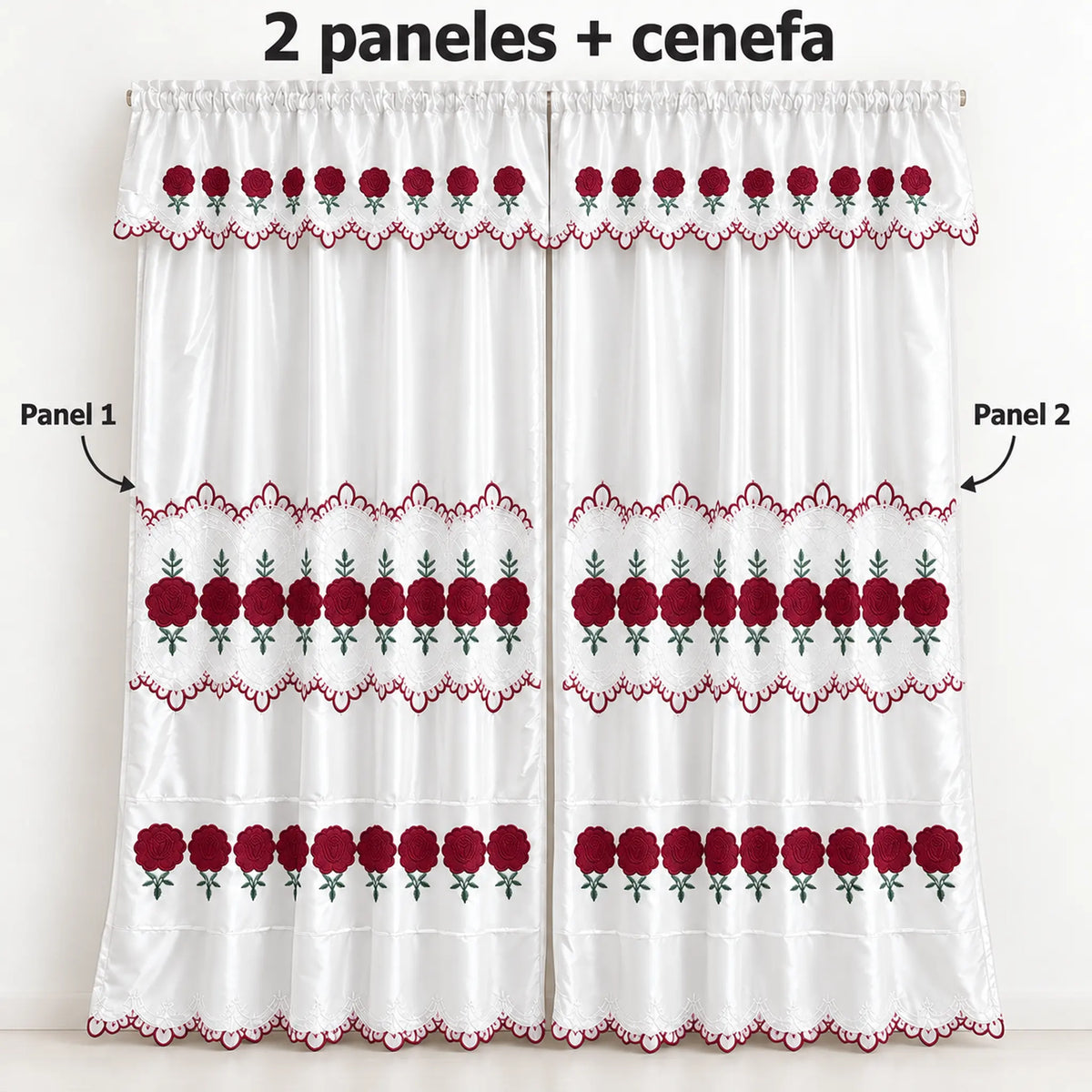 Par de cortinas blancas bordadas satinadas con cenefa, bordado rojo vino – piezas incluidas: 2 paneles y cenefa
