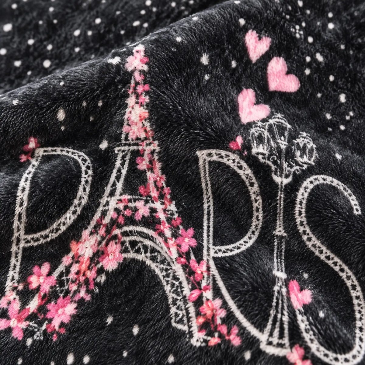 Frazada estampada afelpada 200 x 240 cm, diseño París Negro – textura afelpada