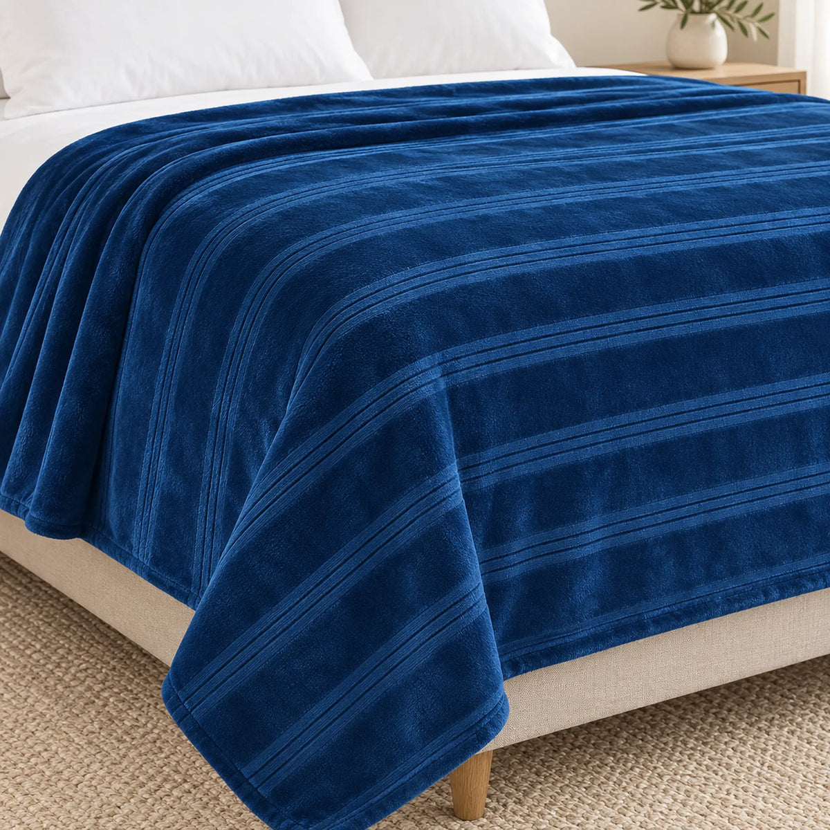 Frazada full azul marino de 180 x 220 cm con rayas en relieve – detalle de las rayas en relieve