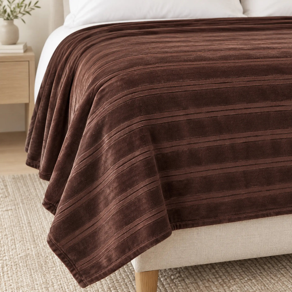 Frazada full chocolate de 180 x 220 cm con rayas en relieve – detalle de las rayas en relieve