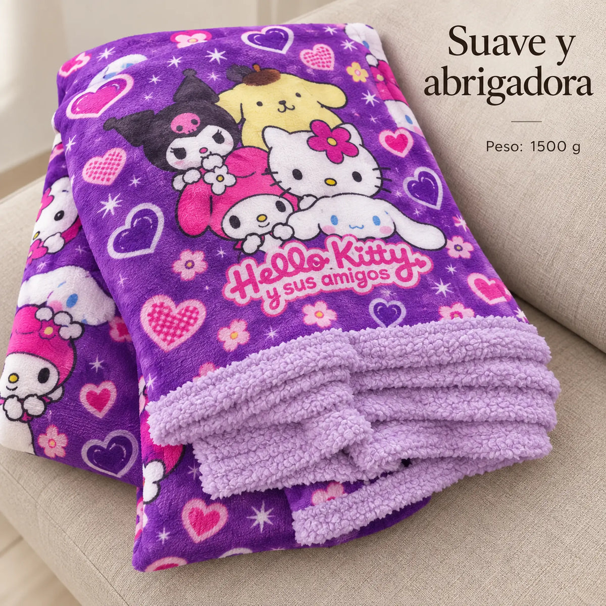 Frazada reversible piel de oveja, diseño Hello Kitty, doblada, mostrando su volumen
