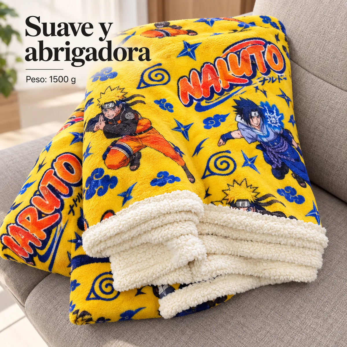 Frazada reversible piel de oveja, diseño Naruto, doblada, mostrando su volumen
