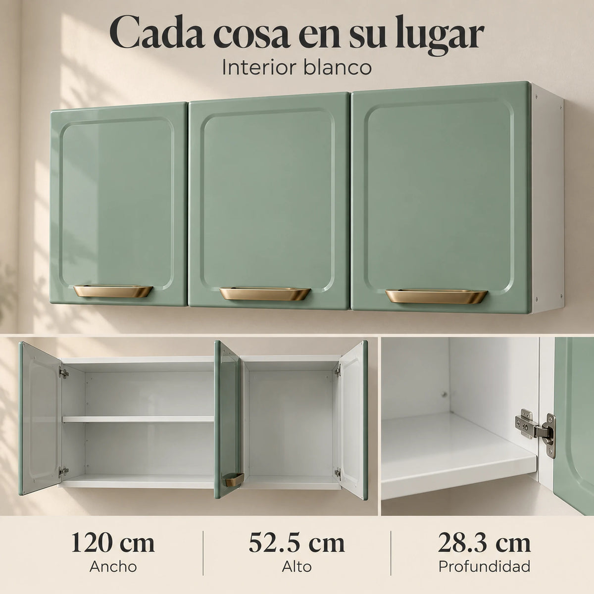 Gabinete aéreo Bertolini de 3 puertas con detalle del interior blanco y las bisagras