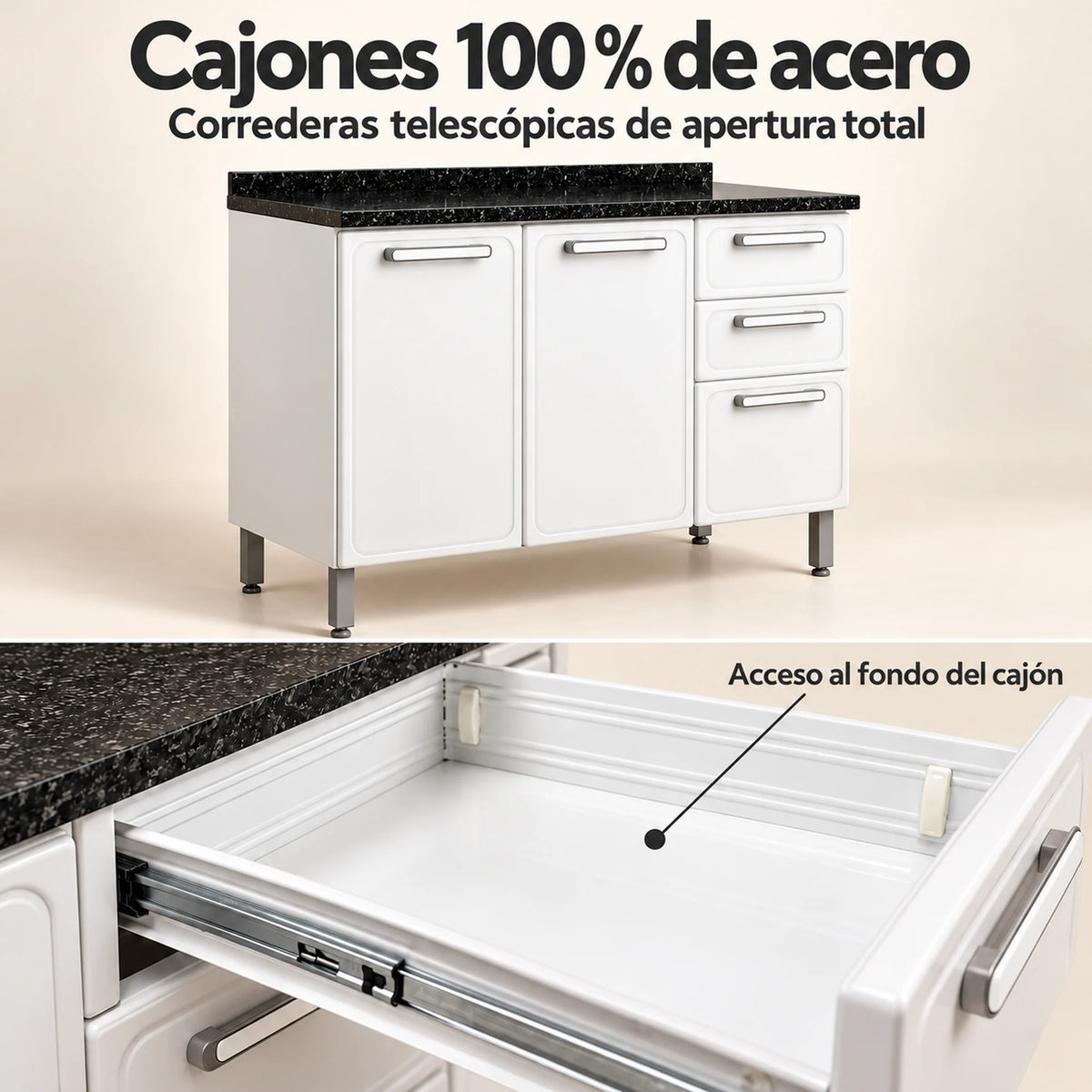 Gabinete de cocina de acero 120 cm – cajones 100% de acero con correderas telescópicas
