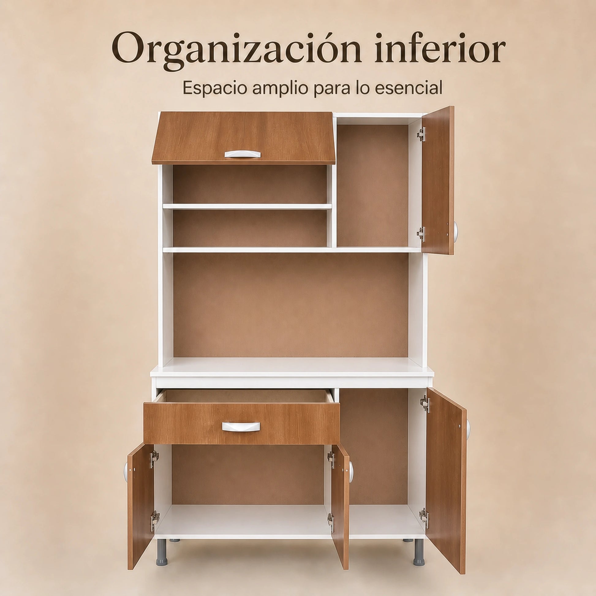 Almacenamiento inferior del gabinete de cocina grande en Blanco y Madera