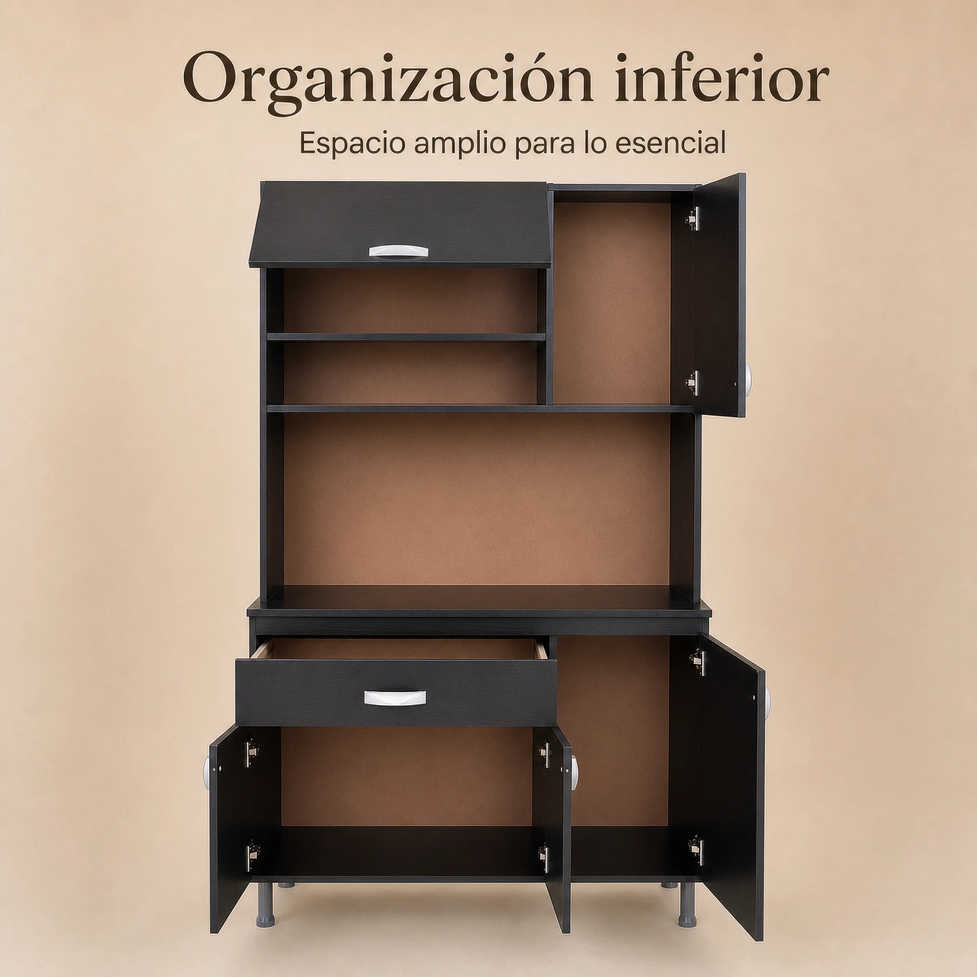 Almacenamiento inferior del gabinete de cocina grande en negro