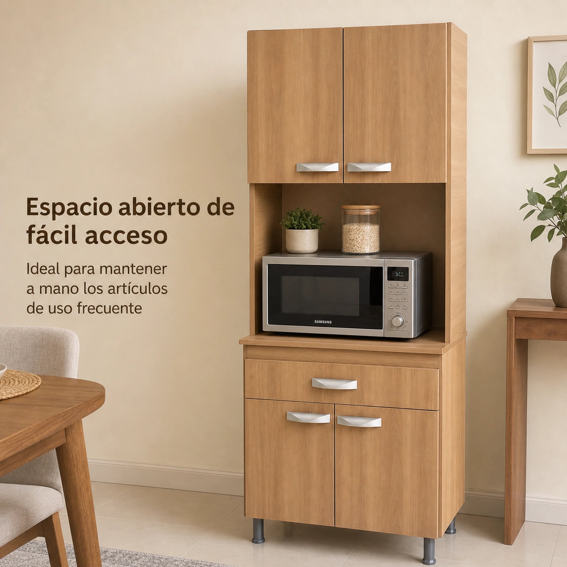 Gabinete de cocina en Madera Beige con nicho para microondas
