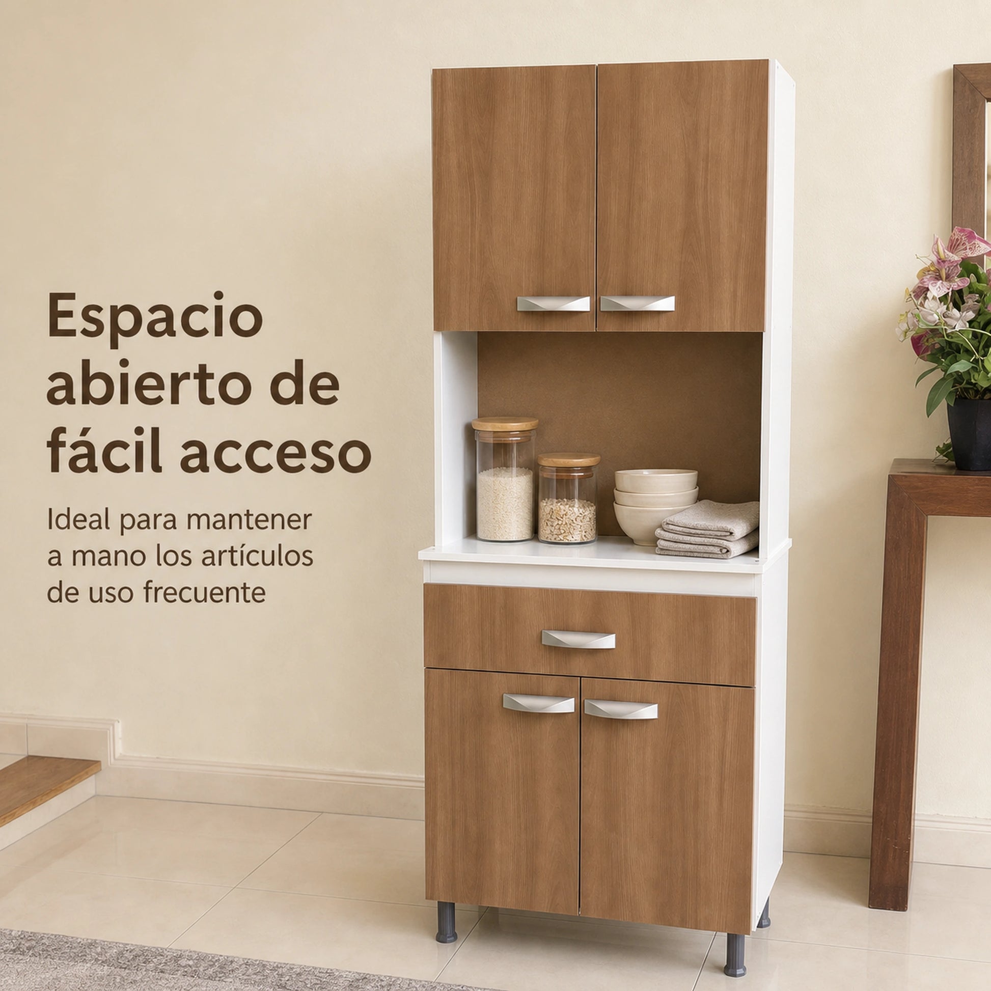Gabinete de cocina en Blanco y Madera con espacio abierto, ideal para microondas