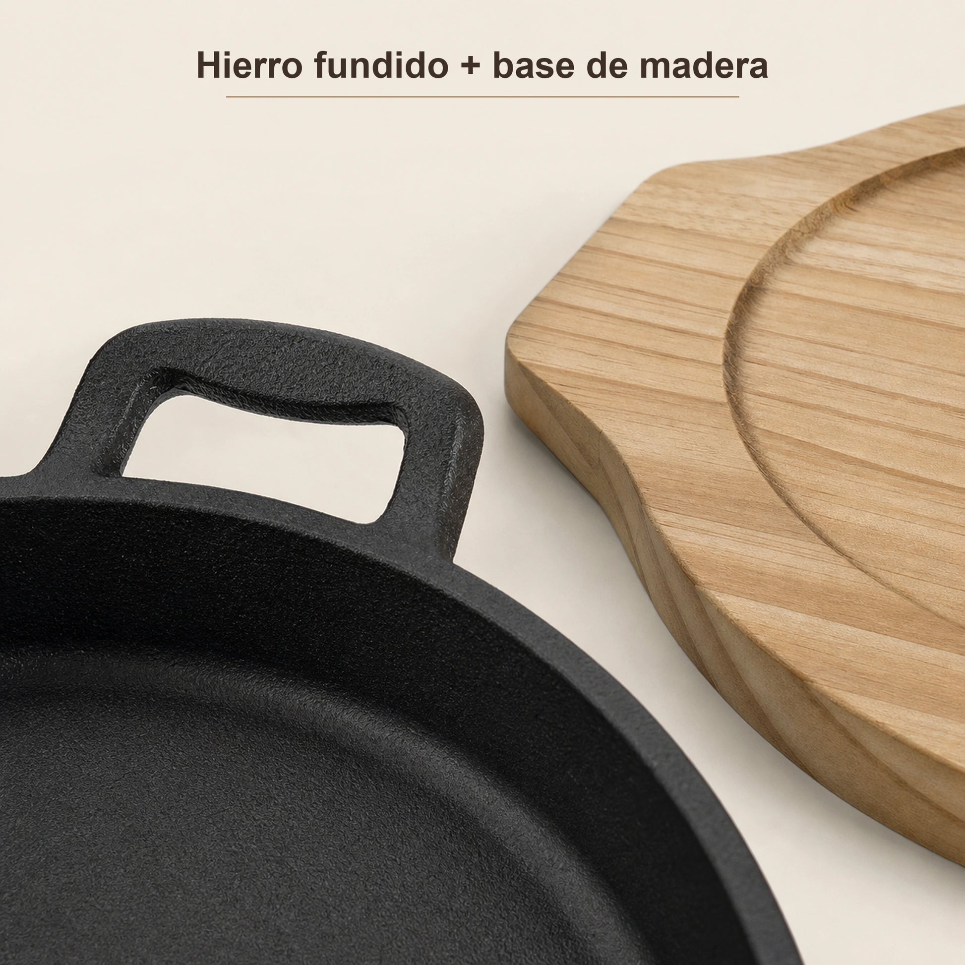 Detalle de materiales: hierro fundido y base de madera