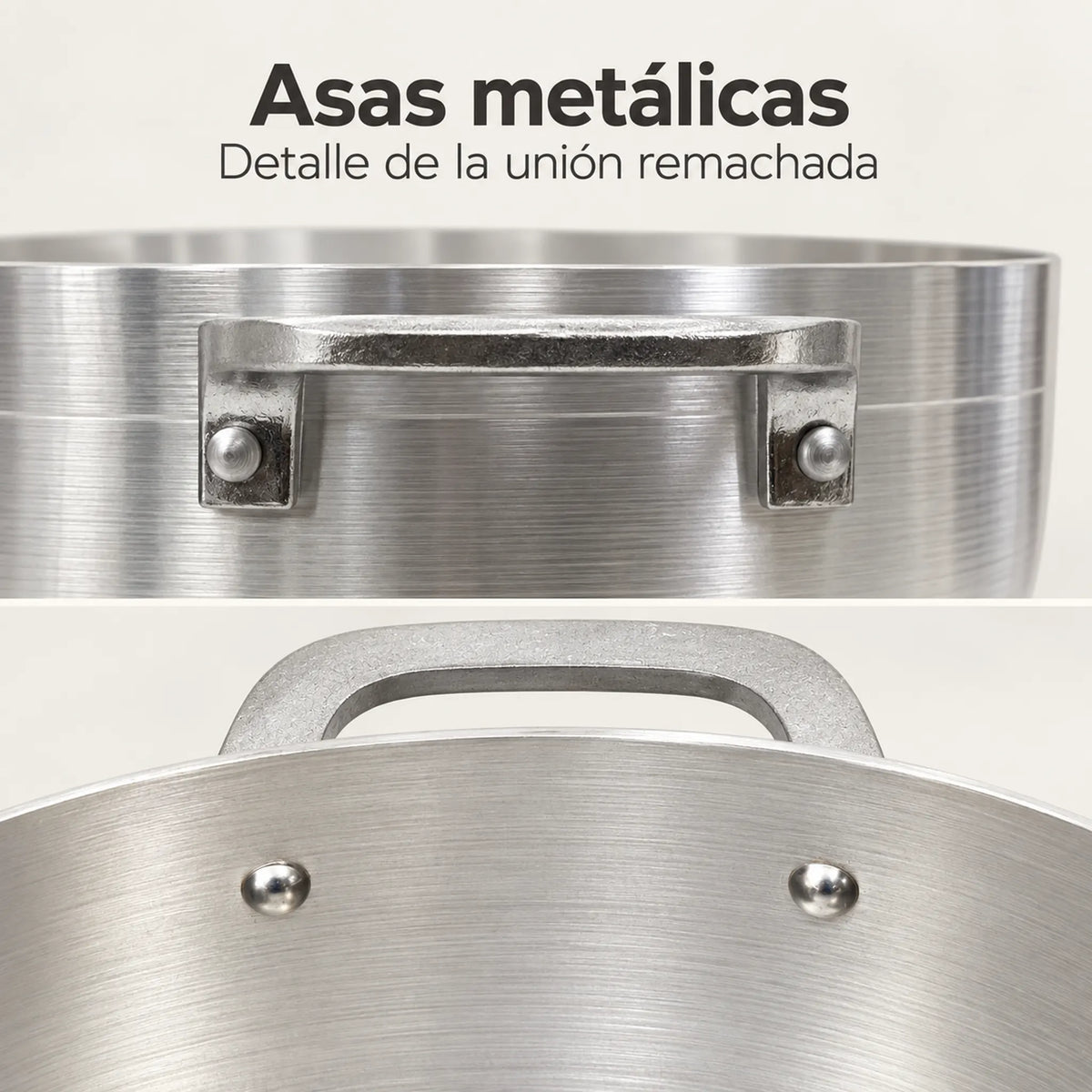 Detalle de las asas metálicas remachadas del caldero de aluminio