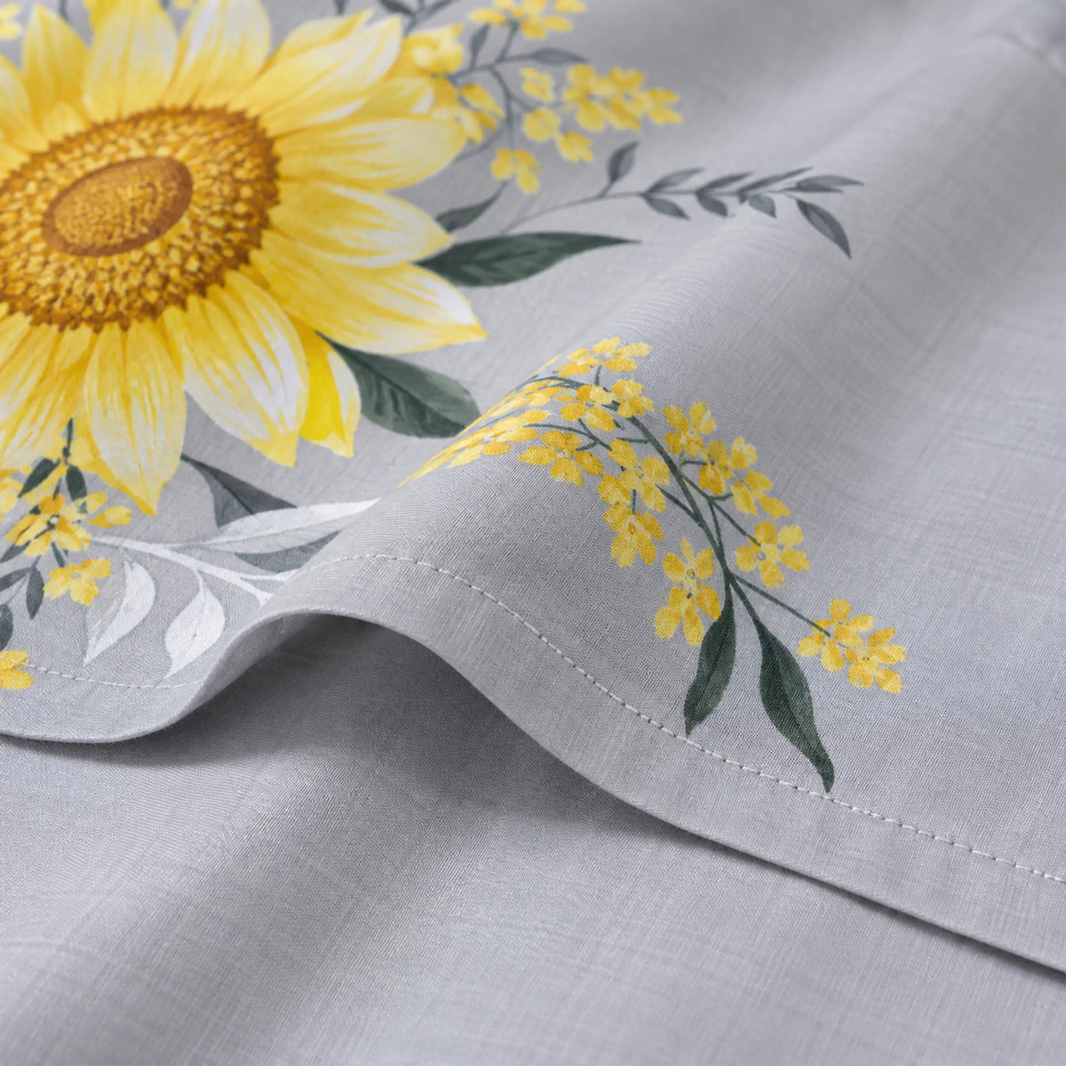 Juego de sábanas 4 piezas estampado gris con girasoles – detalle de la tela