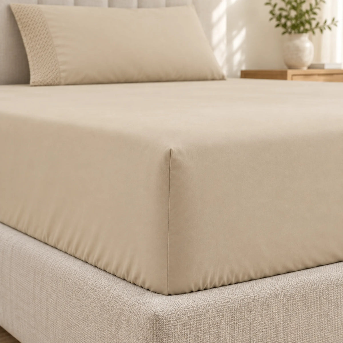 Forro ajustable liso con 2 sobrefundas bordadas, color Beige – ajuste en la esquina del colchón