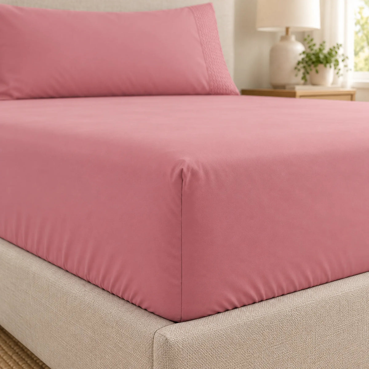 Forro ajustable liso con 2 sobrefundas bordadas, color Rosa Viejo – ajuste en la esquina del colchón