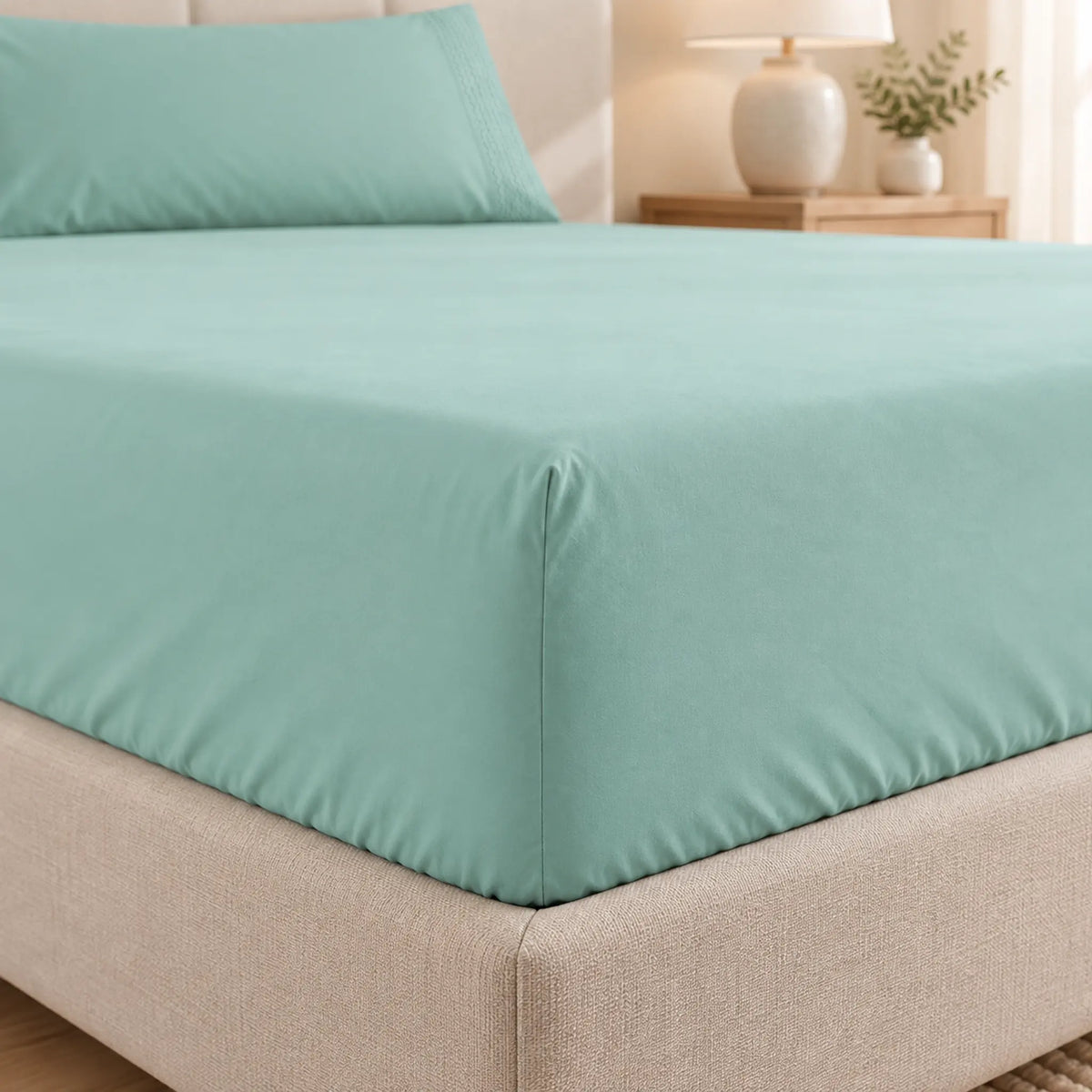 Forro ajustable liso con 2 sobrefundas bordadas, color Verde Menta – ajuste en la esquina del colchón