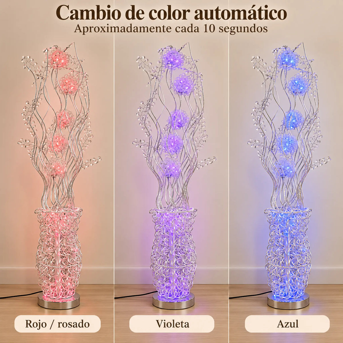 Lámpara de piso LED floral, diseño Espiral Floral Plateada – cambio de color automático rojo, violeta y azul
