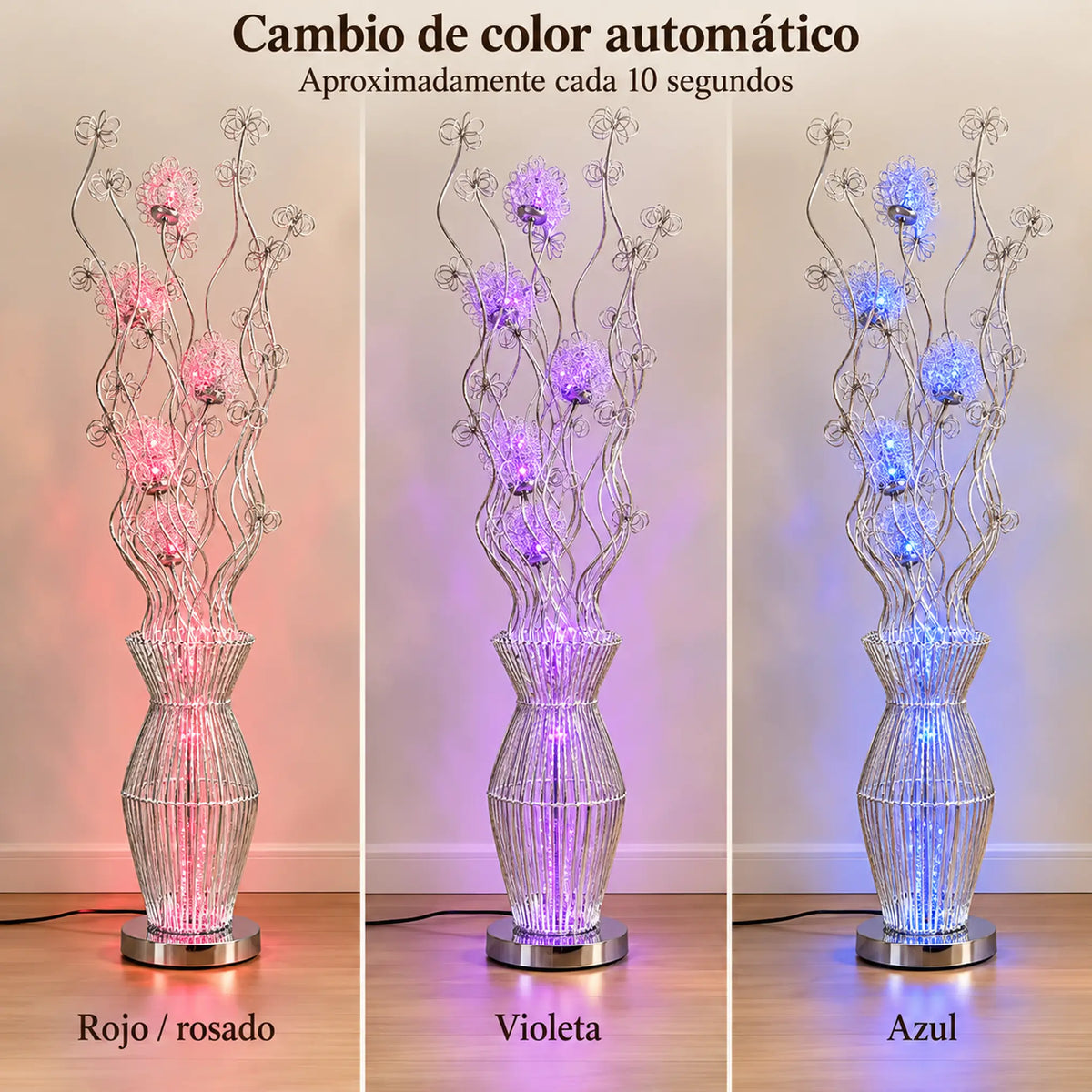 Lámpara de piso LED floral, diseño Floral Rizada Plateada – cambio de color automático rojo, violeta y azul