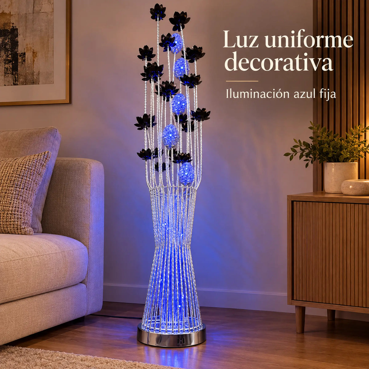 Lámpara de piso LED floral, diseño Lotos Negros Plateada – iluminación azul fija