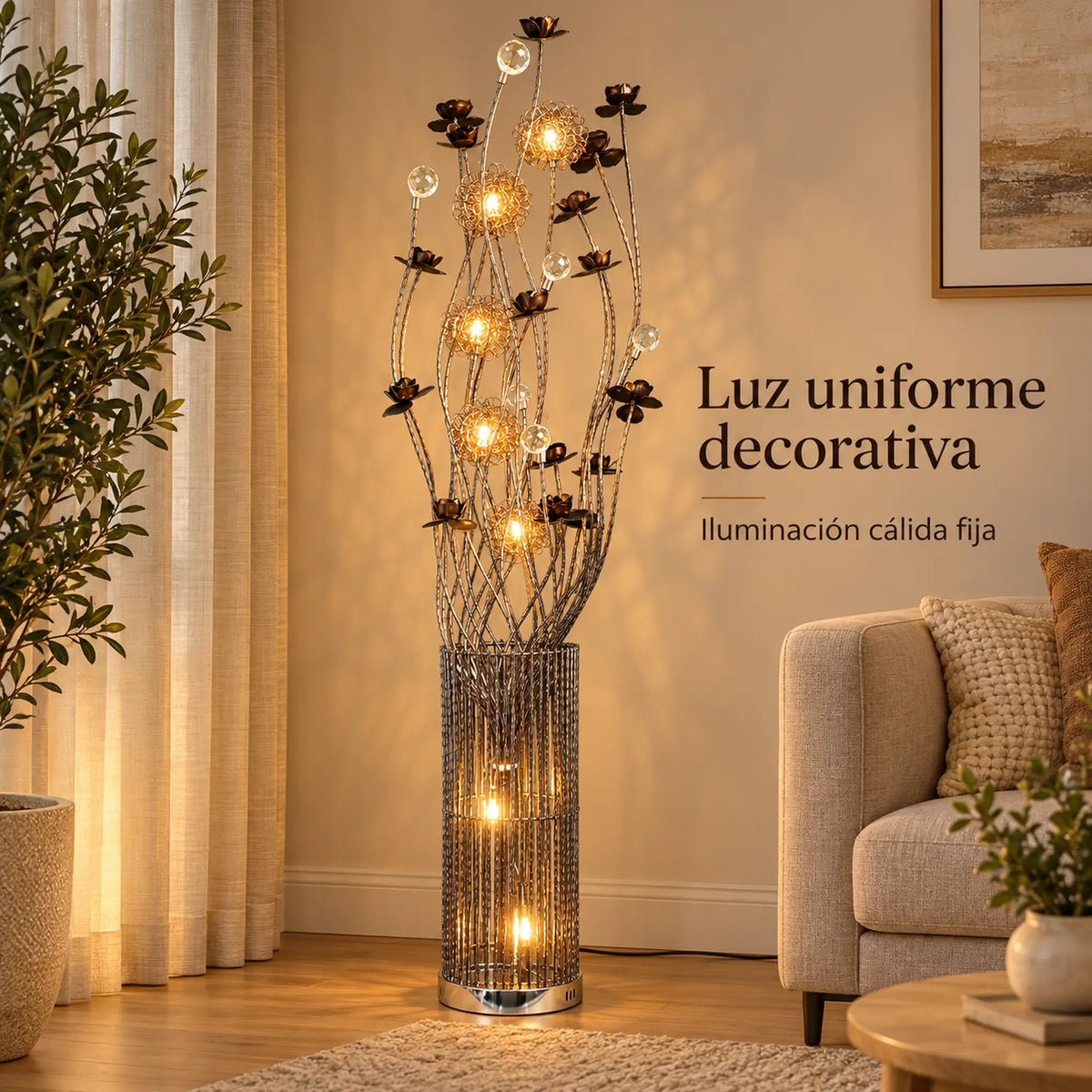 Lámpara de piso LED floral, diseño Rosas Bronce Cilíndrica – iluminación cálida fija
