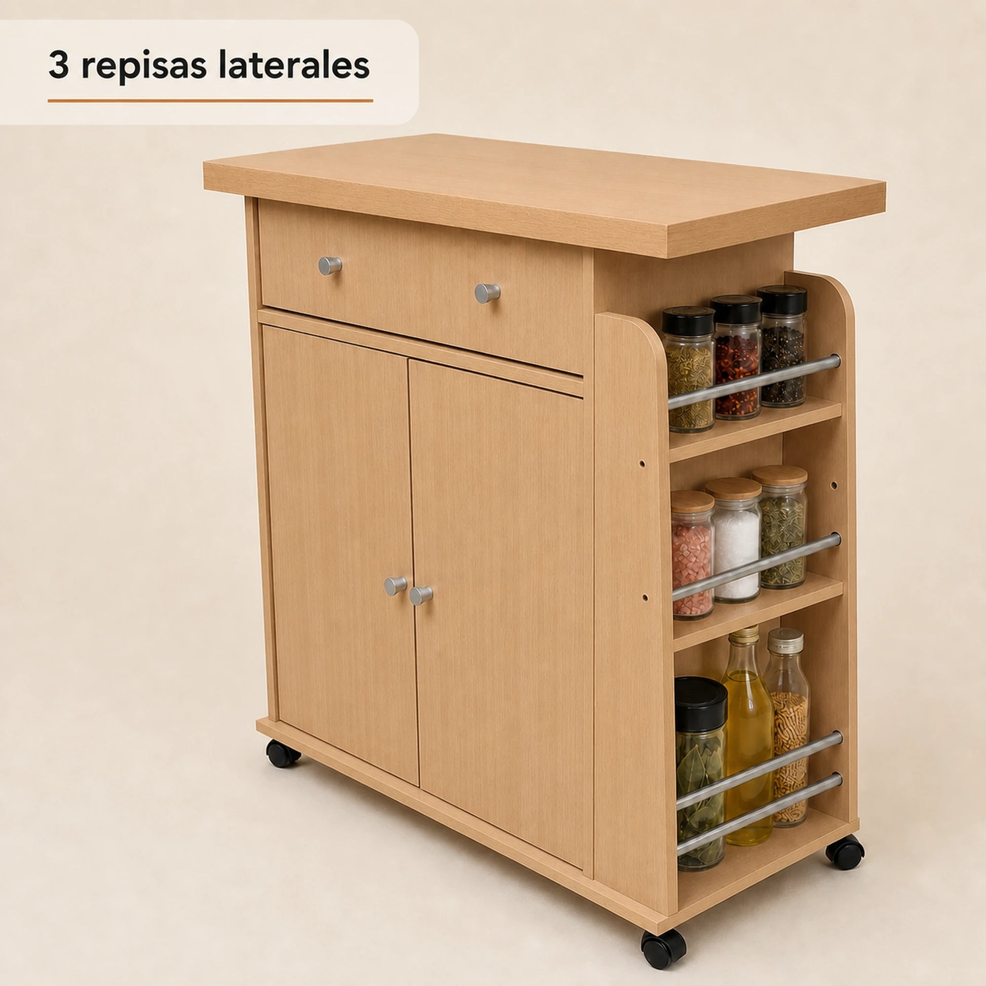 Repisas laterales tipo especiero del carrito auxiliar de cocina Madera Beige con frascos organizados