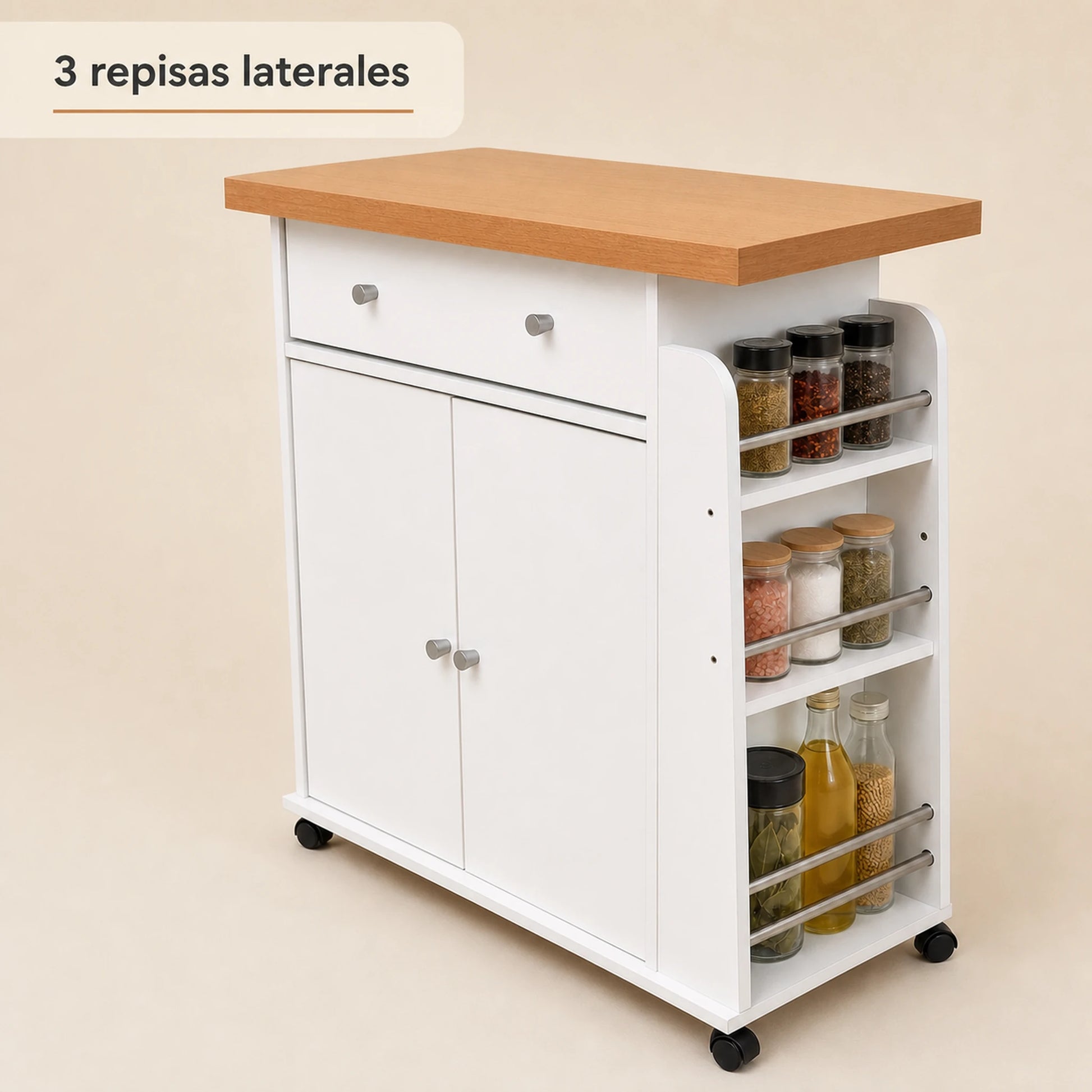 Repisas laterales tipo especiero del carrito auxiliar de cocina Blanco / Roble con frascos organizados
