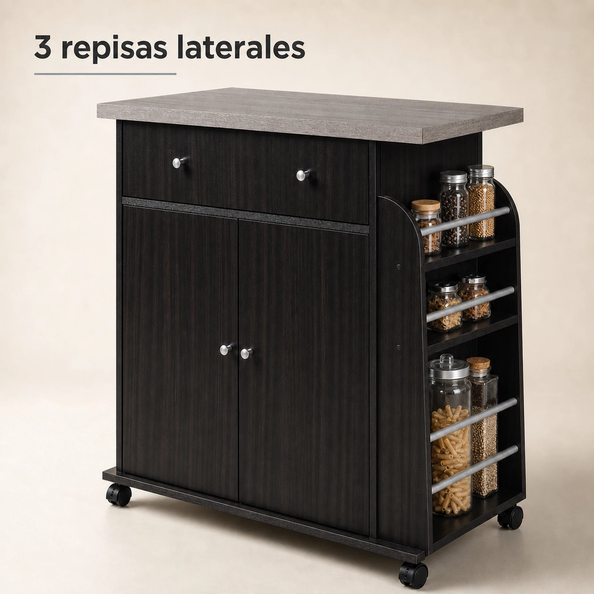 Repisas laterales tipo especiero del carrito auxiliar de cocina Café Oscuro / Gris Ceniza con frascos organizados