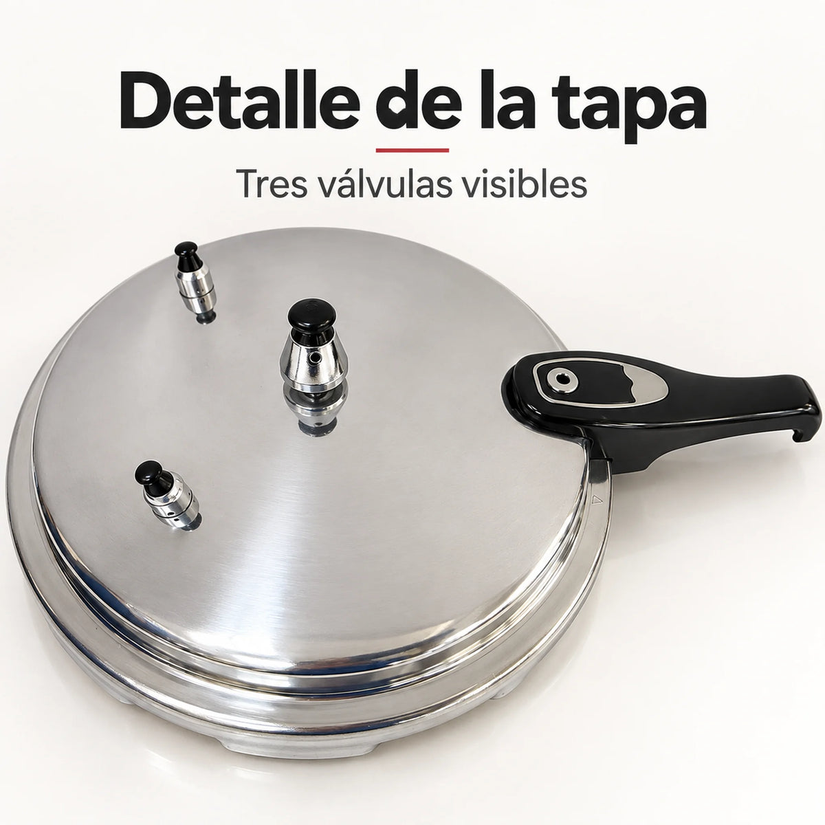 Olla de presión de aluminio de 11 litros – detalle de las 3 válvulas de seguridad
