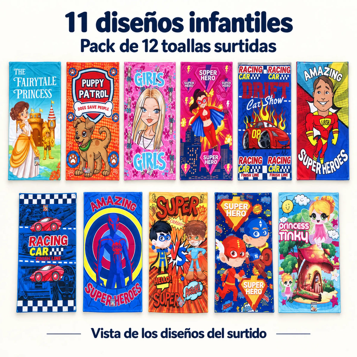 Pack de 12 Toallas Infantiles, vista de los 11 diseños surtidos del pack